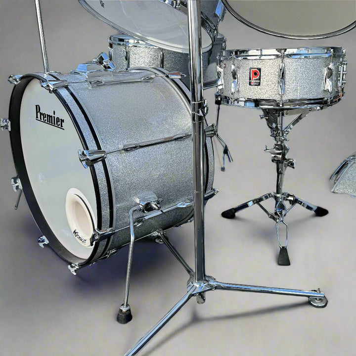 Pre - Owned Custom Premier Drum Kit – Silver Sparkle Finish, With Cymbal & Tom Stands + Bags - Ev - Entz Music