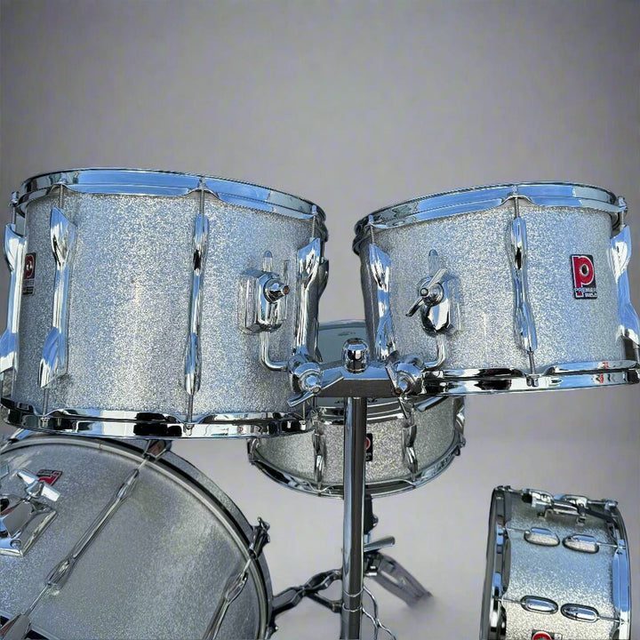 Pre - Owned Custom Premier Drum Kit – Silver Sparkle Finish, With Cymbal & Tom Stands + Bags - Ev - Entz Music