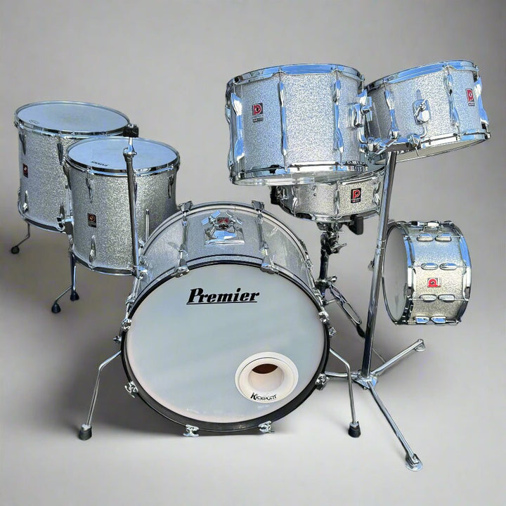 Pre - Owned Custom Premier Drum Kit – Silver Sparkle Finish, With Cymbal & Tom Stands + Bags - Ev - Entz Music