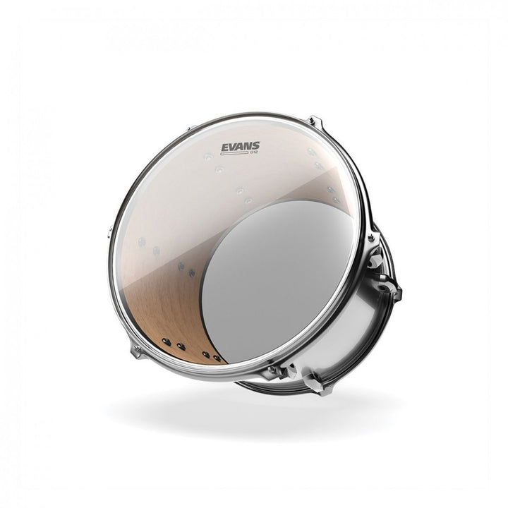 Side view of Evans G12 20" Clear Drumhead showing single-ply construction