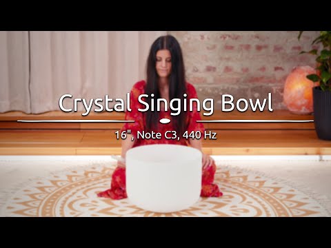 Meinl Sonic Energy 16" Quartz Crystal Singing Bowl (C3, 440 Hz) being played, producing deep, immersive sound for meditation and healing