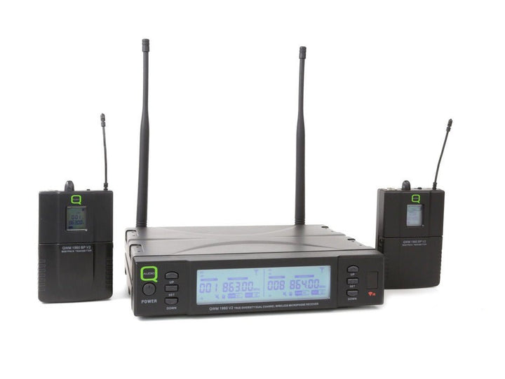 Q - Audio QWM 1960 BP V2 UHF Dual Channel True Diversity BP Wireless Mic System with 2 Beltpack Transmitters and 2 Headset Mics - 863 - 865 MHz / 606 - 614 MHz - Ev - Entz Music