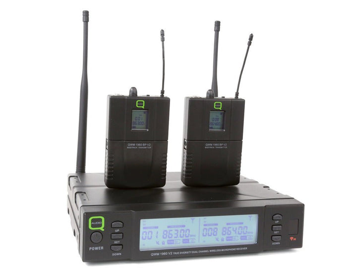 Q - Audio QWM 1960 BP V2 UHF Dual Channel True Diversity BP Wireless Mic System with 2 Beltpack Transmitters and 2 Headset Mics - 863 - 865 MHz / 606 - 614 MHz - Ev - Entz Music