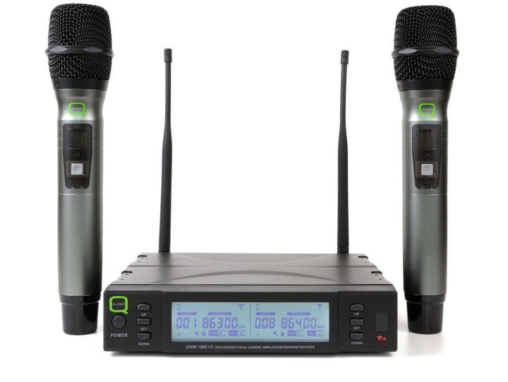 Q - Audio QWM 1960 HH V2 UHF Dual Channel True Diversity Handheld Wireless Mic System with 2 Handheld Microphones - 863 - 865 MHz / 606 - 614 MHz - Ev - Entz Music