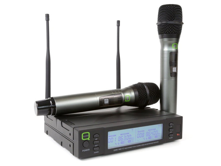 Q - Audio QWM 1960 HH V2 UHF Dual Channel True Diversity Handheld Wireless Mic System with 2 Handheld Microphones - 863 - 865 MHz / 606 - 614 MHz - Ev - Entz Music