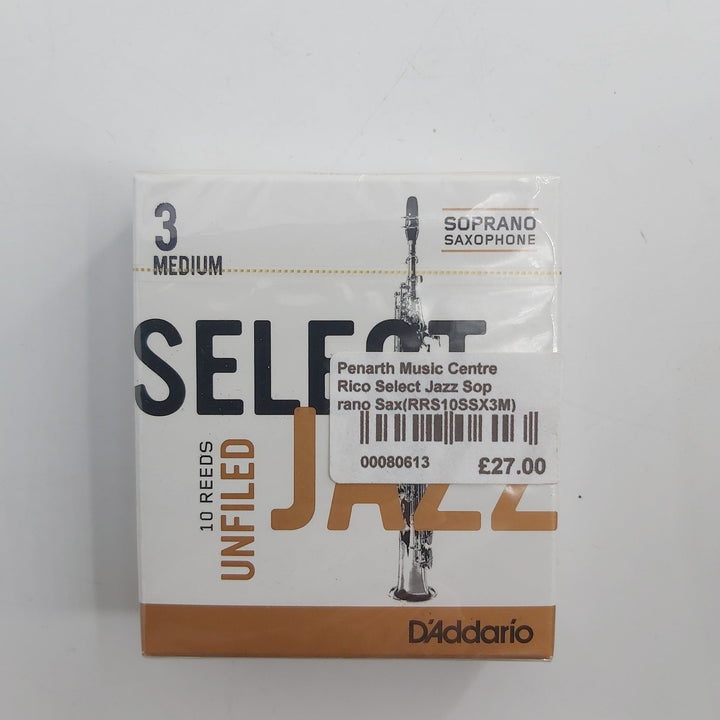Rico Select Jazz Soprano Sax Reeds Unfiled Strength 3 Strength Medium 10 Pack - Ev - Entz Music