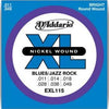 D'Addario EXL115 nickel wound guitar string set packaging with blue and purple design.