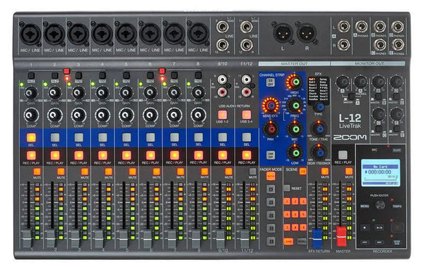 Zoom LiveTrak L-12 Digital Mixer/Recorder (12-In Mixer, 14-Track SD, 5 Custom Monitors) – USB 14×4 Audio Interface
