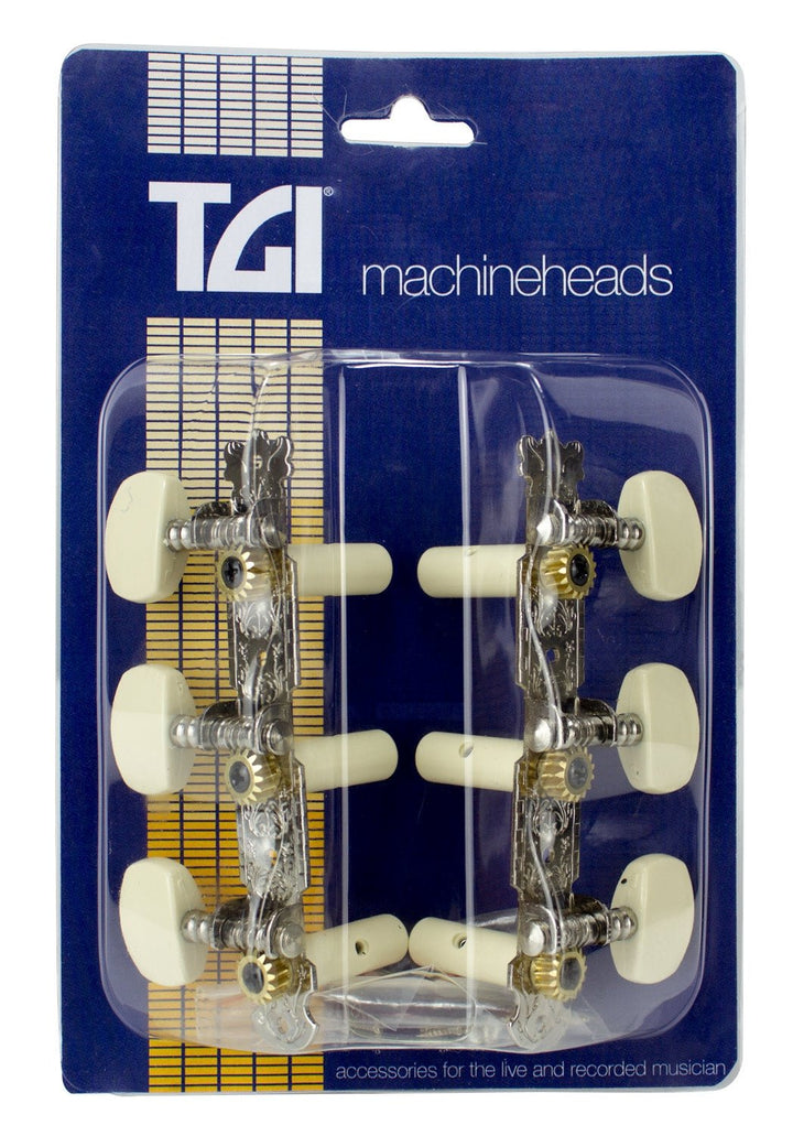 TGI TG441 Classical Guitar Machine Heads – 3 - in - Line Nickel with Ivorine Buttons - Ev - Entz Music