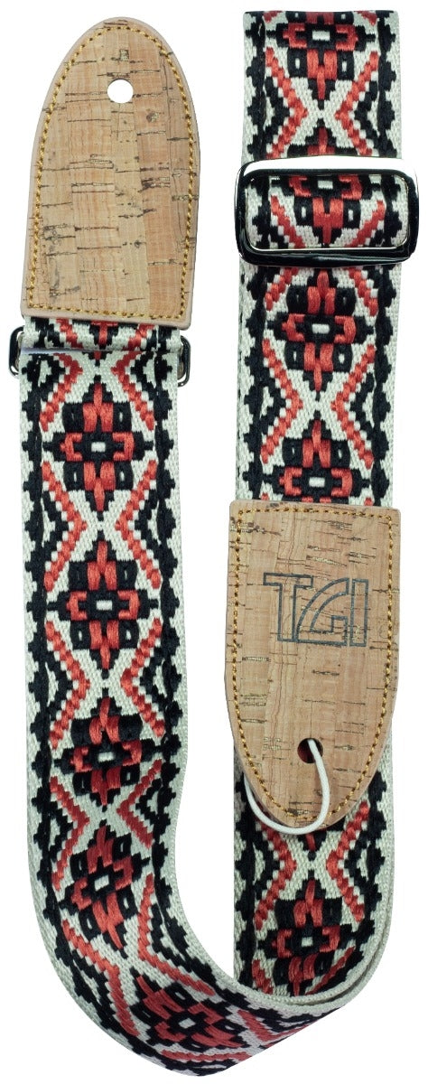 TGI Vegan Woven Cotton Guitar Strap - Red, Adjustable with Cork Ends