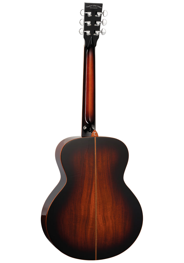 Koa back and sides of the Tanglewood TWX1EK showcasing striking grain patterns