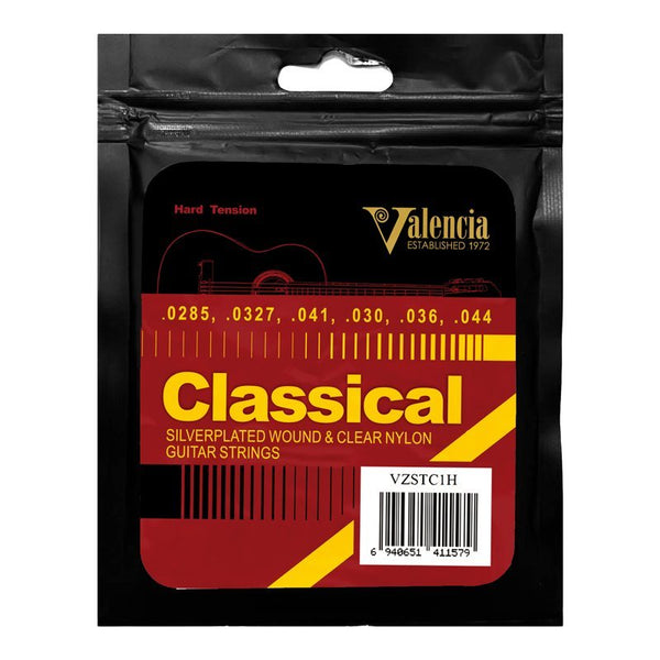 Valencia Classical Guitar String Set - Clear Nylon with Silver Plated Wrap, Hard Tension - Ev - Entz Music