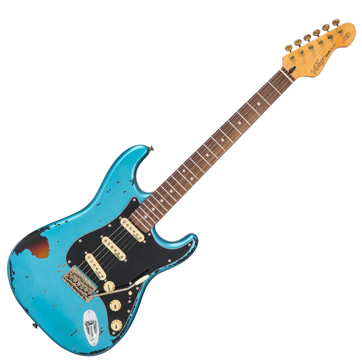 Vintage V6 ICON Electric Guitar ~ Distressed Gun Hill Blue Over